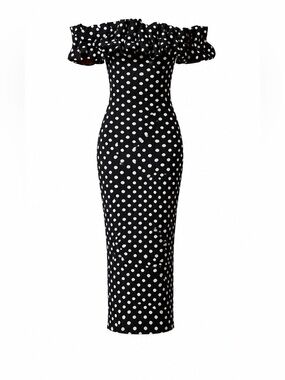 SHEIN Black and White Polka Dot Off-Shoulder Midi Dress